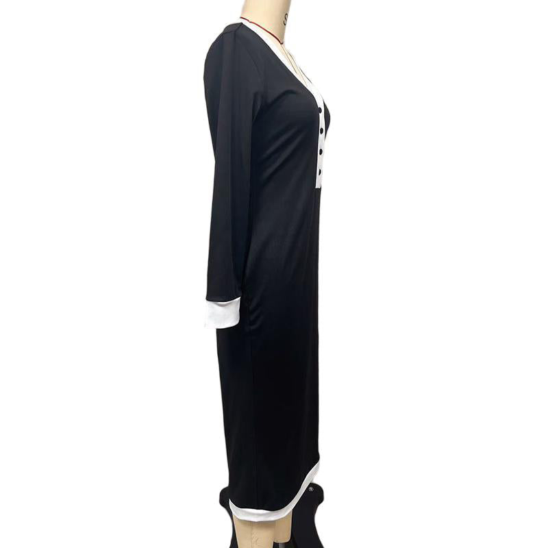Women's Color Block Maxi Dress, V-Neck Long Sleeve Elegant Casual Dress