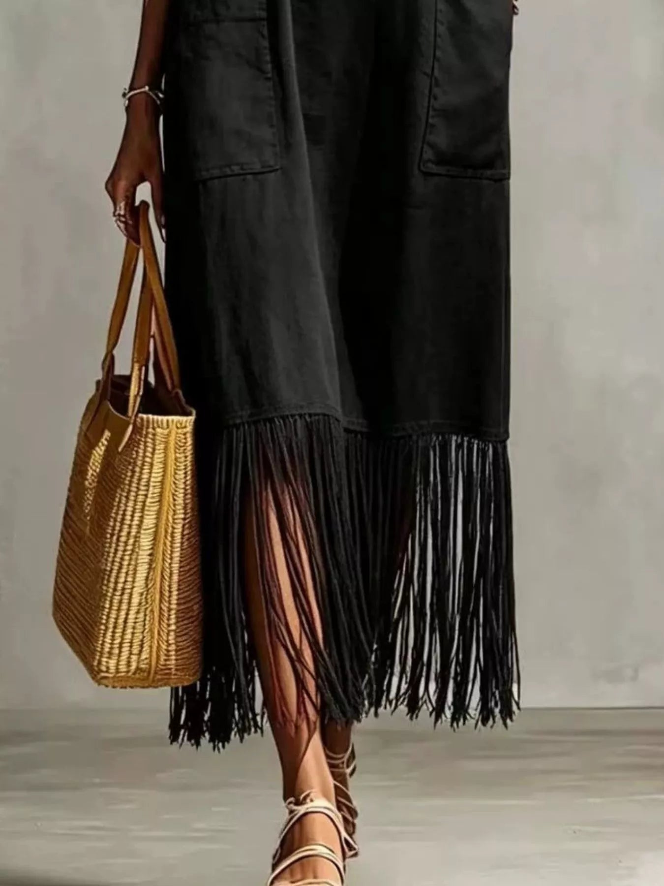 Full Size Fringe V-Neck Spaghetti Strap Dress Plus Size