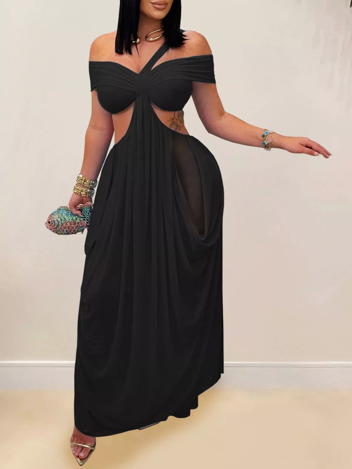 Cutout Off Shoulder Ruched Maxi Dress