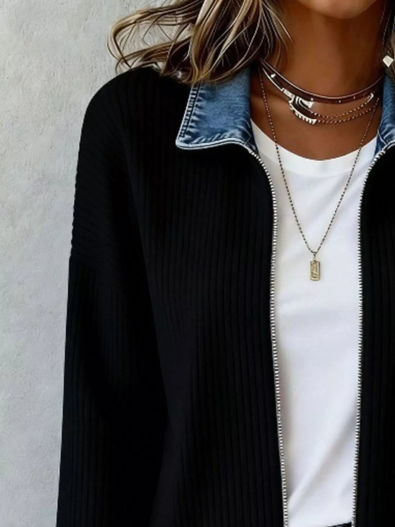 Contrast Denim Collar Ribbed Knit Jacket