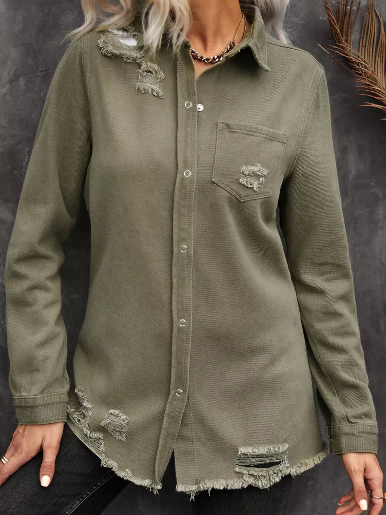 Raw Hem Distressed Denim Shirt Jacket