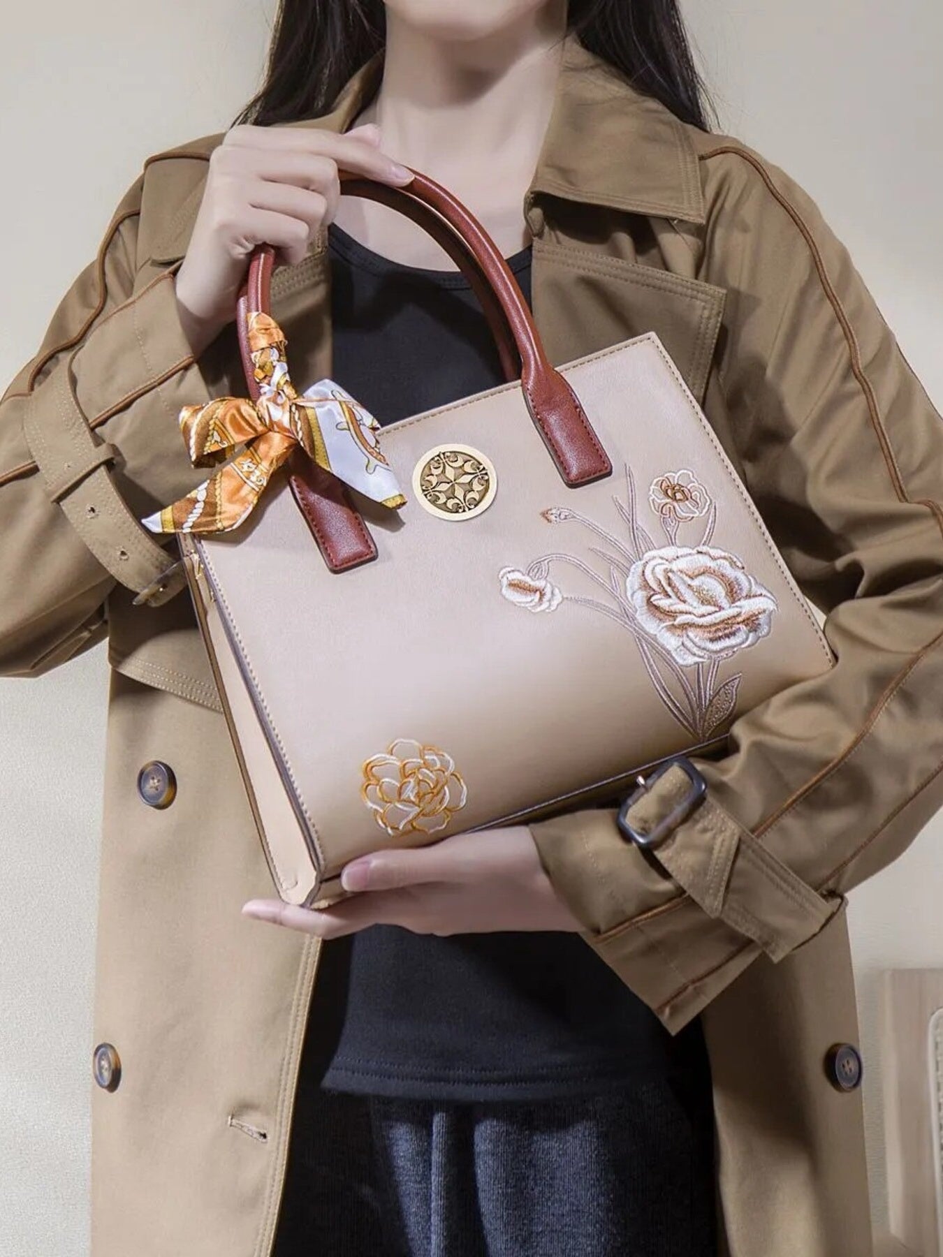 Floral Embroidered Top Handle Handbag