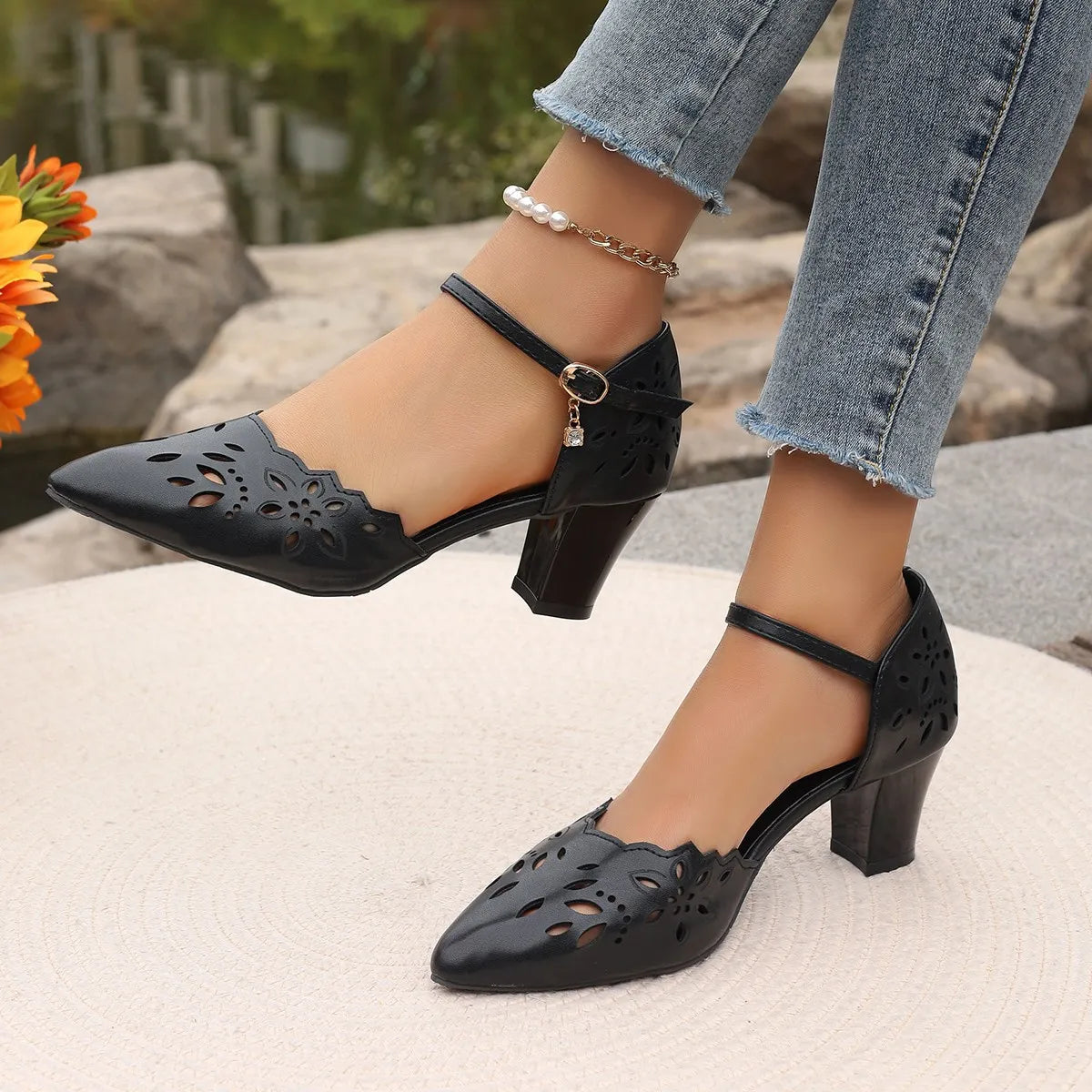 Cutout Point Toe Block Heels Sandals