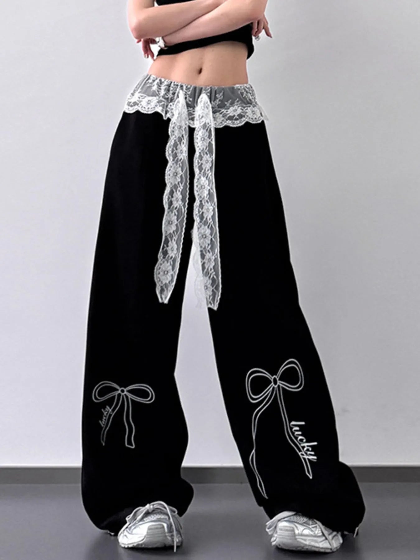 Wide Leg Pants with Lace Belt Detail