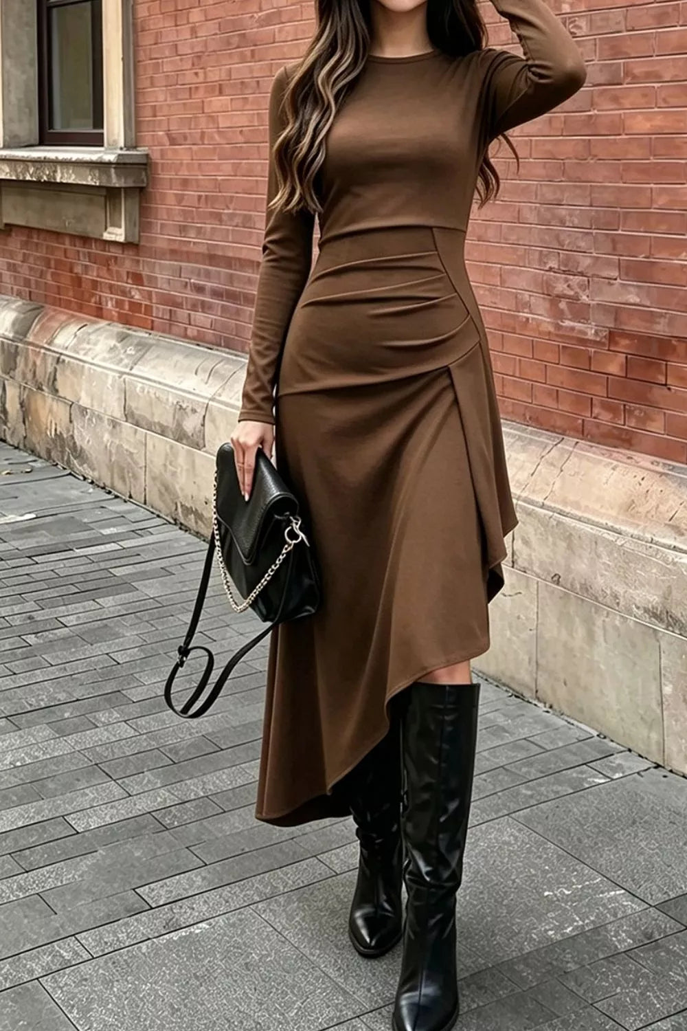 Ruched Asymmetrical Hem Long Sleeve Dress