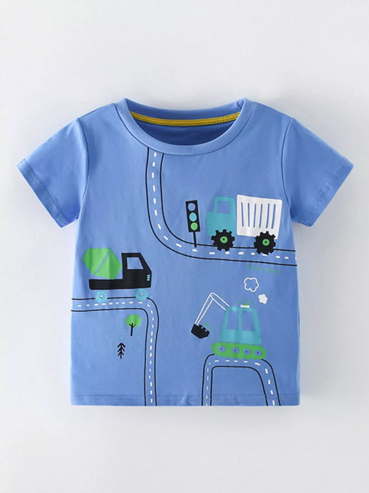 Children's Cartoon Construction Vehicle Print Short Sleeve T-Shirt