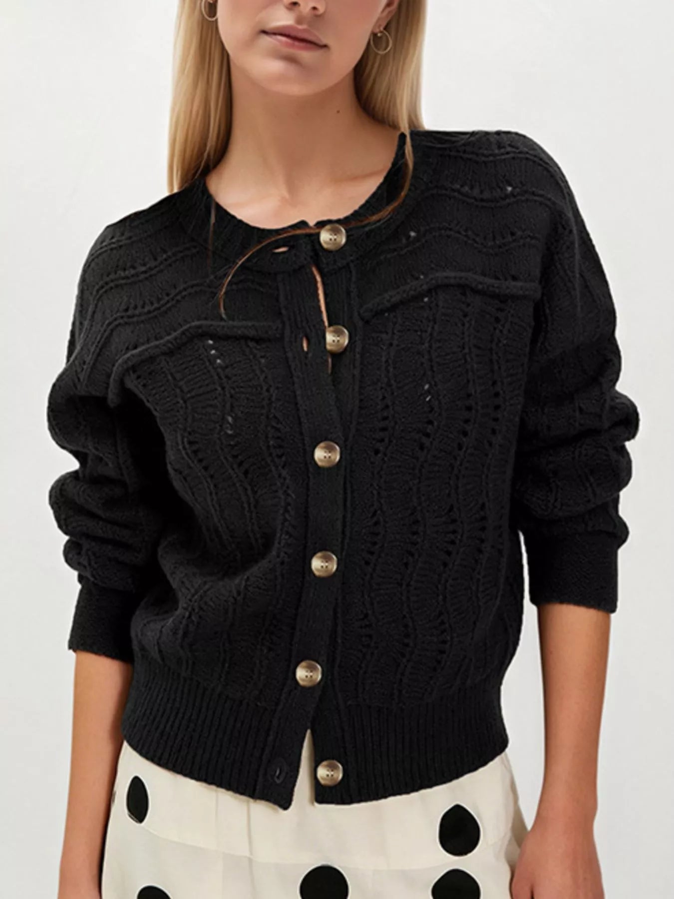 Openwork Button-Down Knit Cardigan