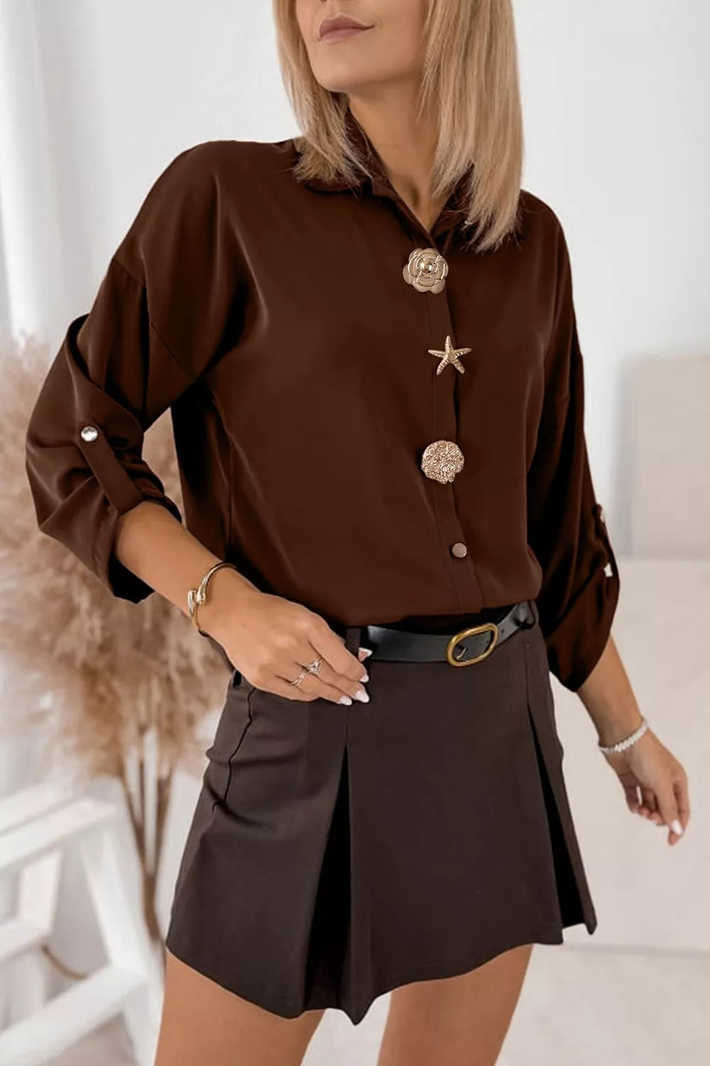 Multi Button Decoration Tab Long Sleeve Casual Shirt