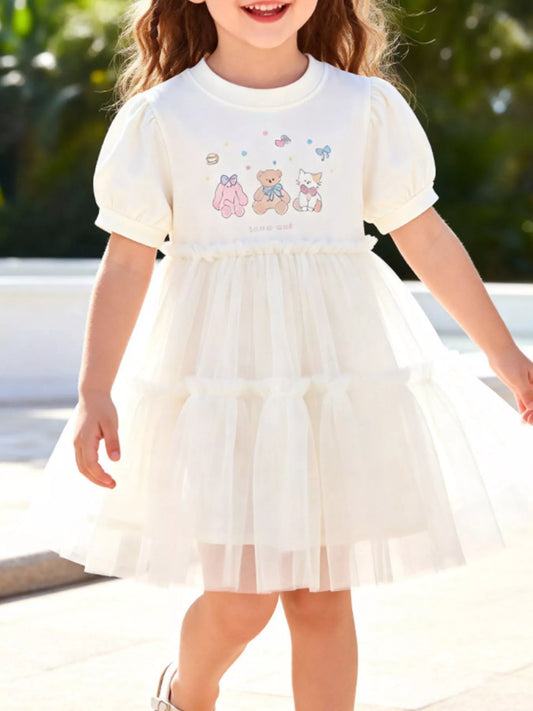 Children's Cartoon Bear Short Sleeve Tulle Dress