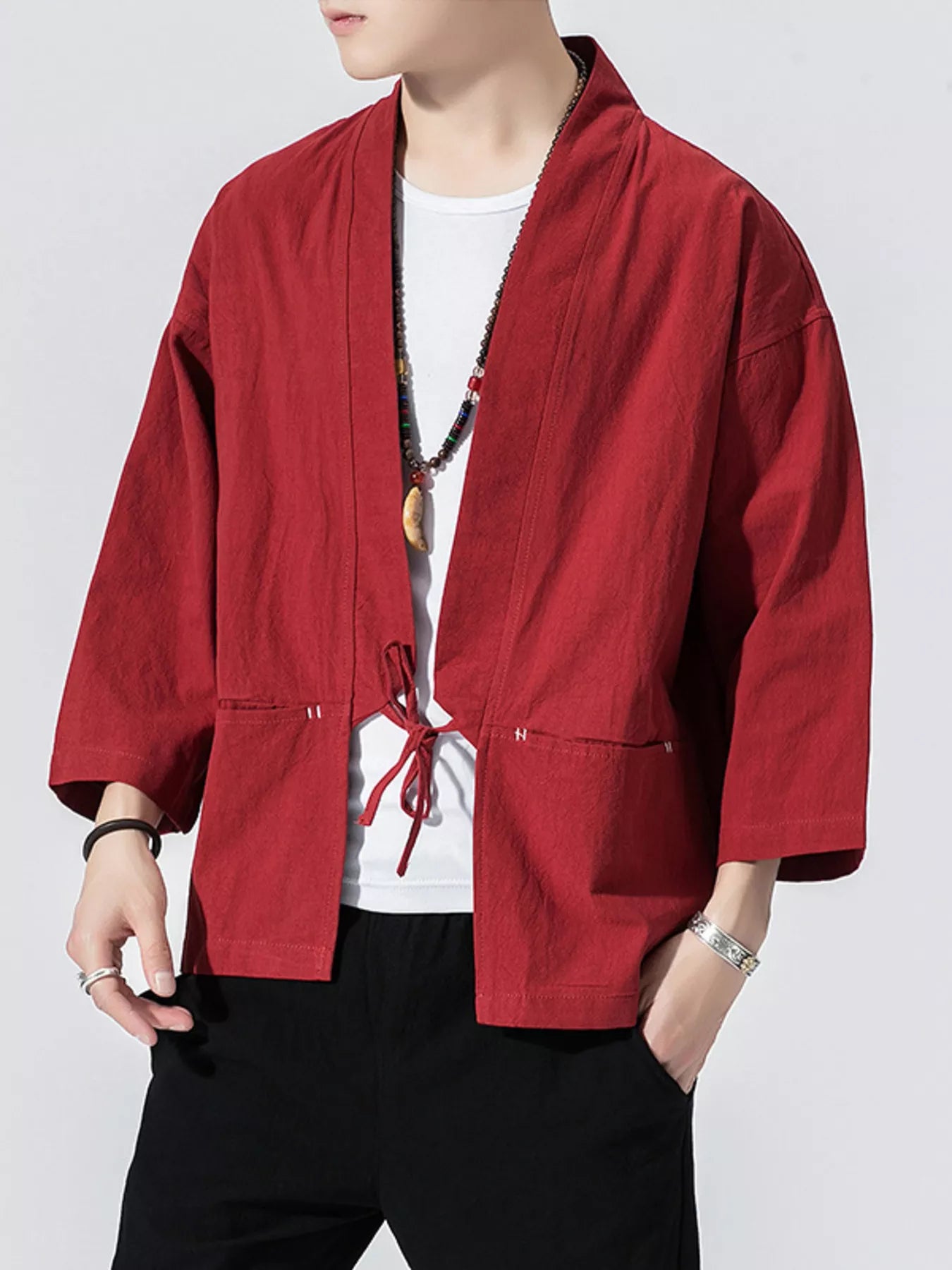 Men's Plus Size Tie Front 3/4 Sleeve Cardigan