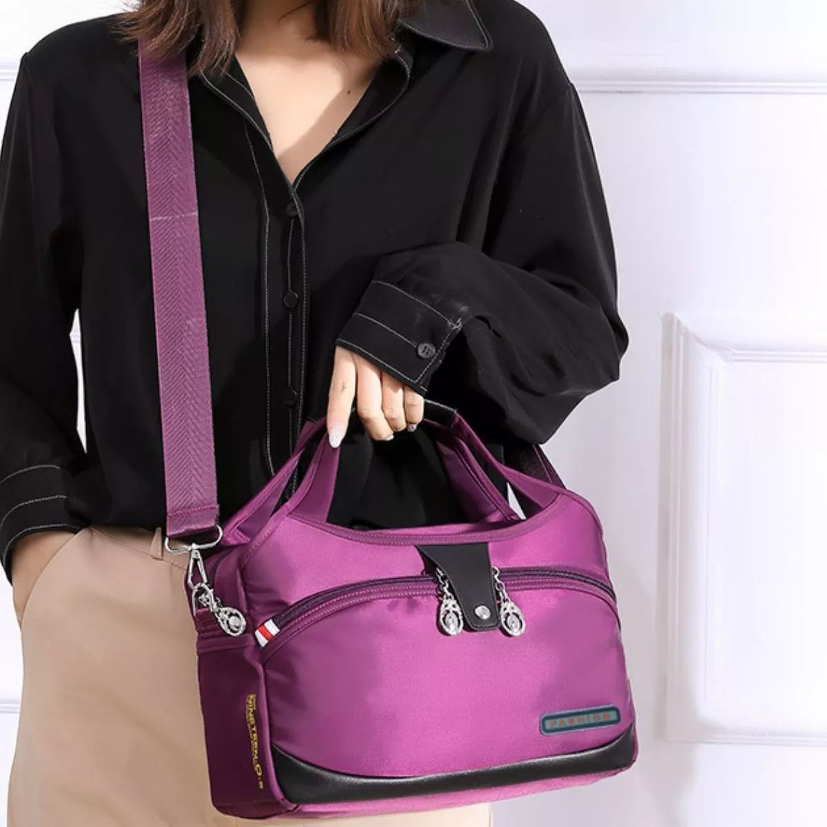 Lightweight Nylon Handbag with Multiple Pockets