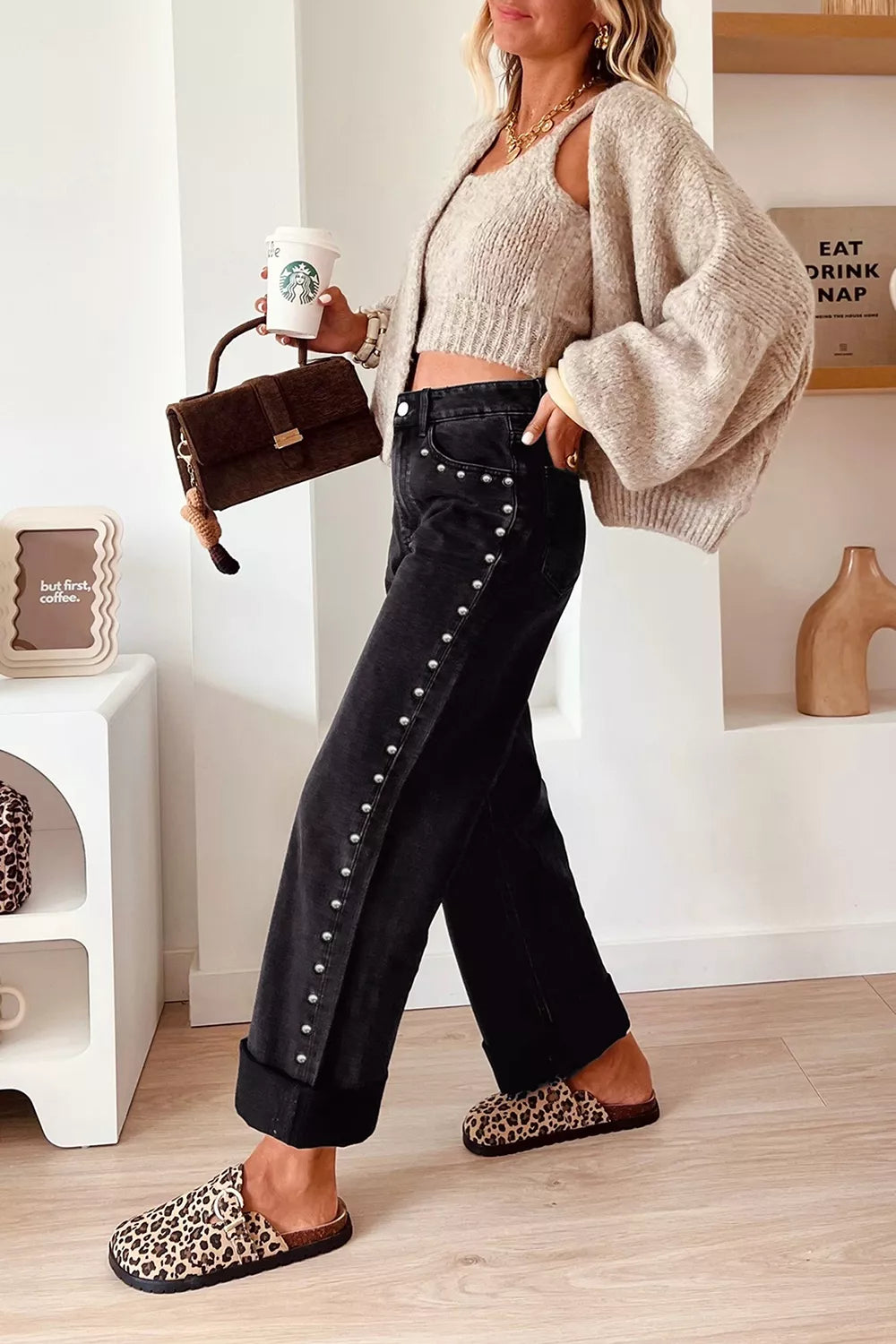 Studded Detail Straight Leg Casual Loose Jeans
