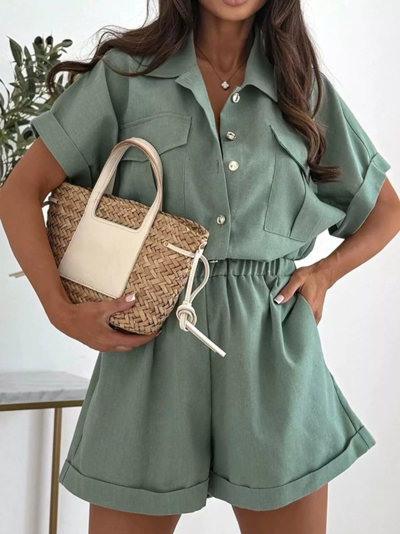 Button Front Short Sleeve Shirt and Shorts Set