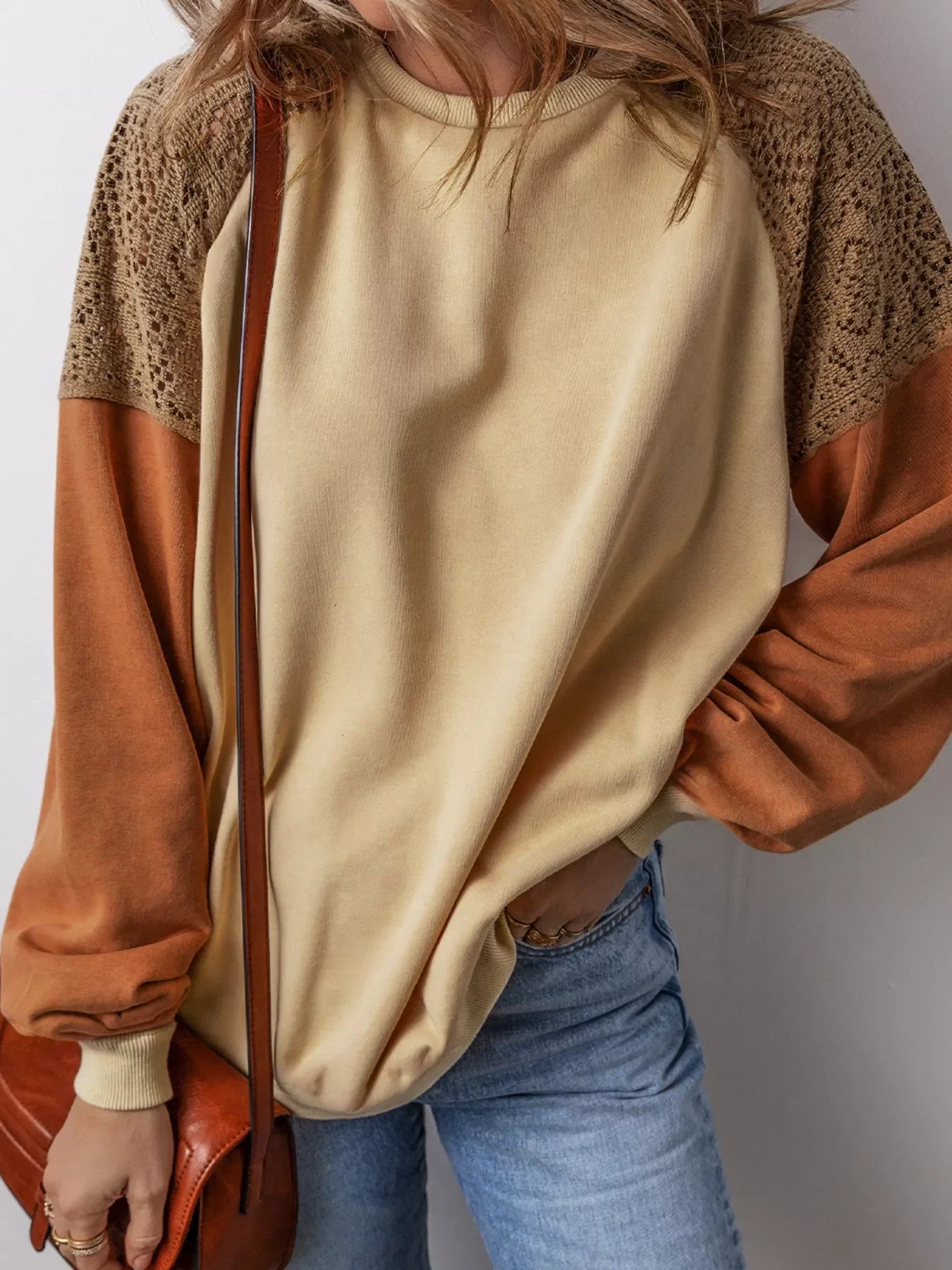Lace Patchwork Colorblock Drop Shoulder Sweatshirt