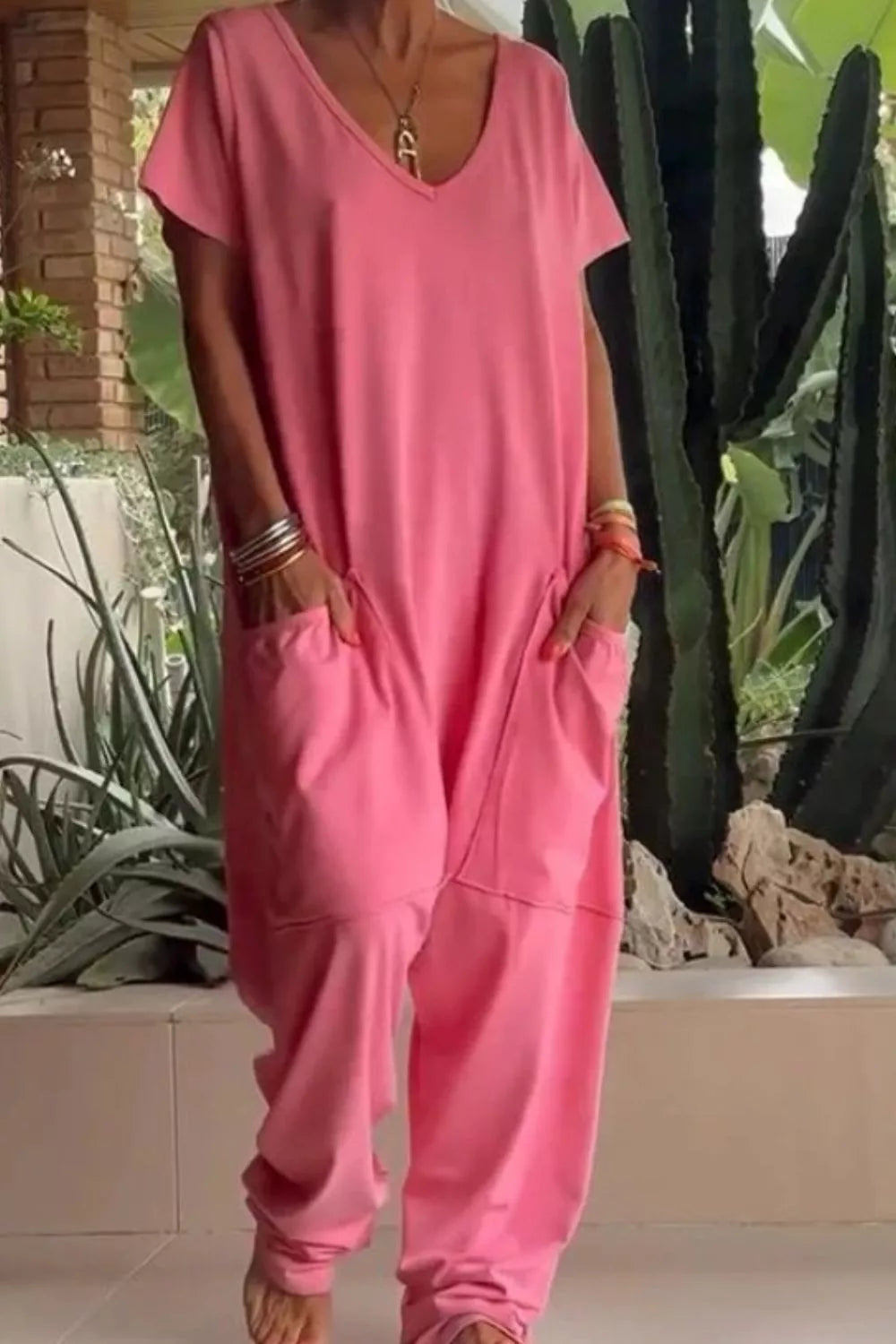 Full Size Casual V-Neck Short Sleeve Jumpsuit with Pockets Plus Size