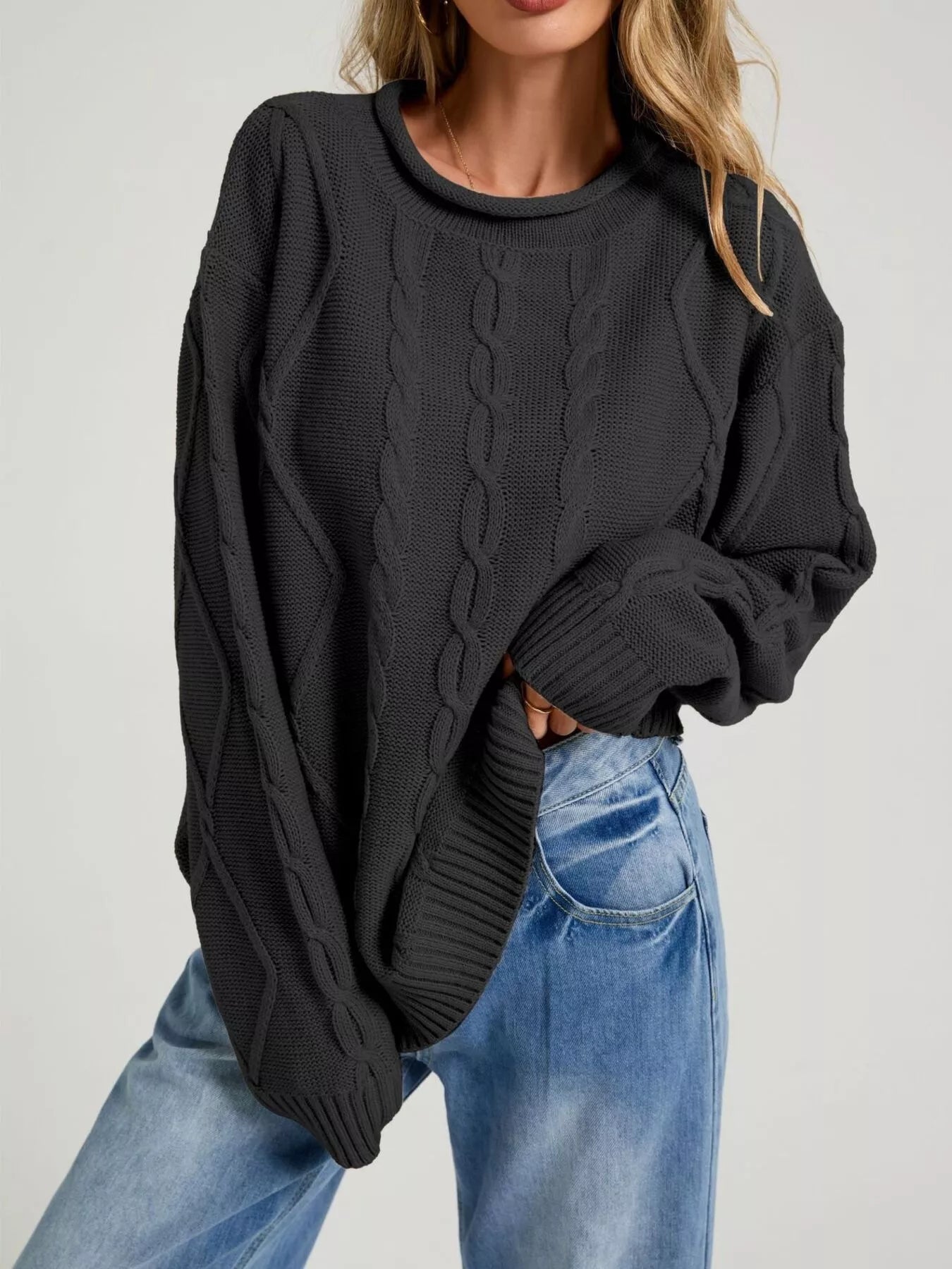 Cable Knit Ribbed Hem Sweater