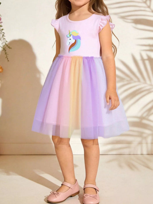 Children's Unicorn Graphic Rainbow Tulle Dress