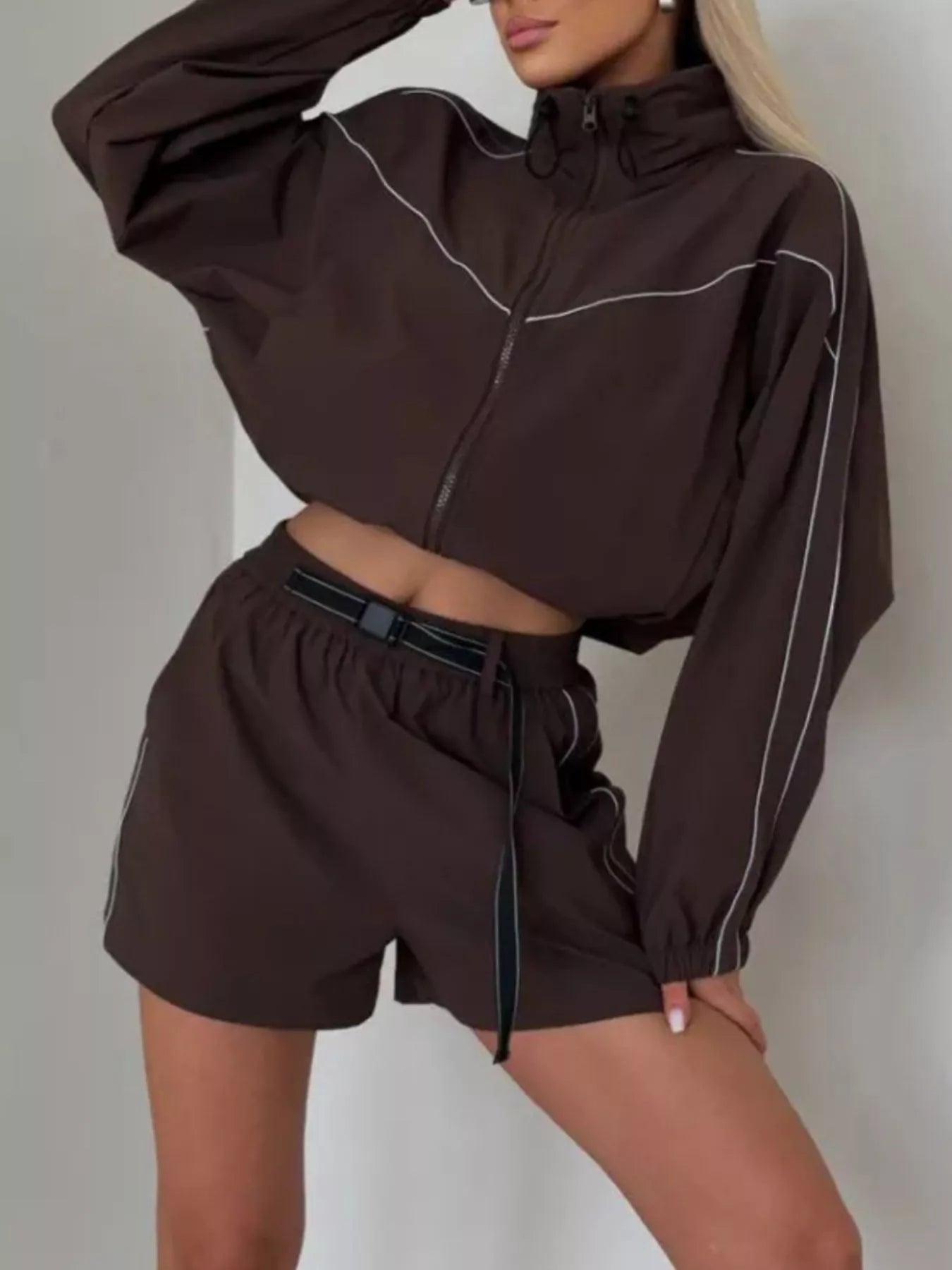 Drawstring Zip-Up Jacket and Shorts Set