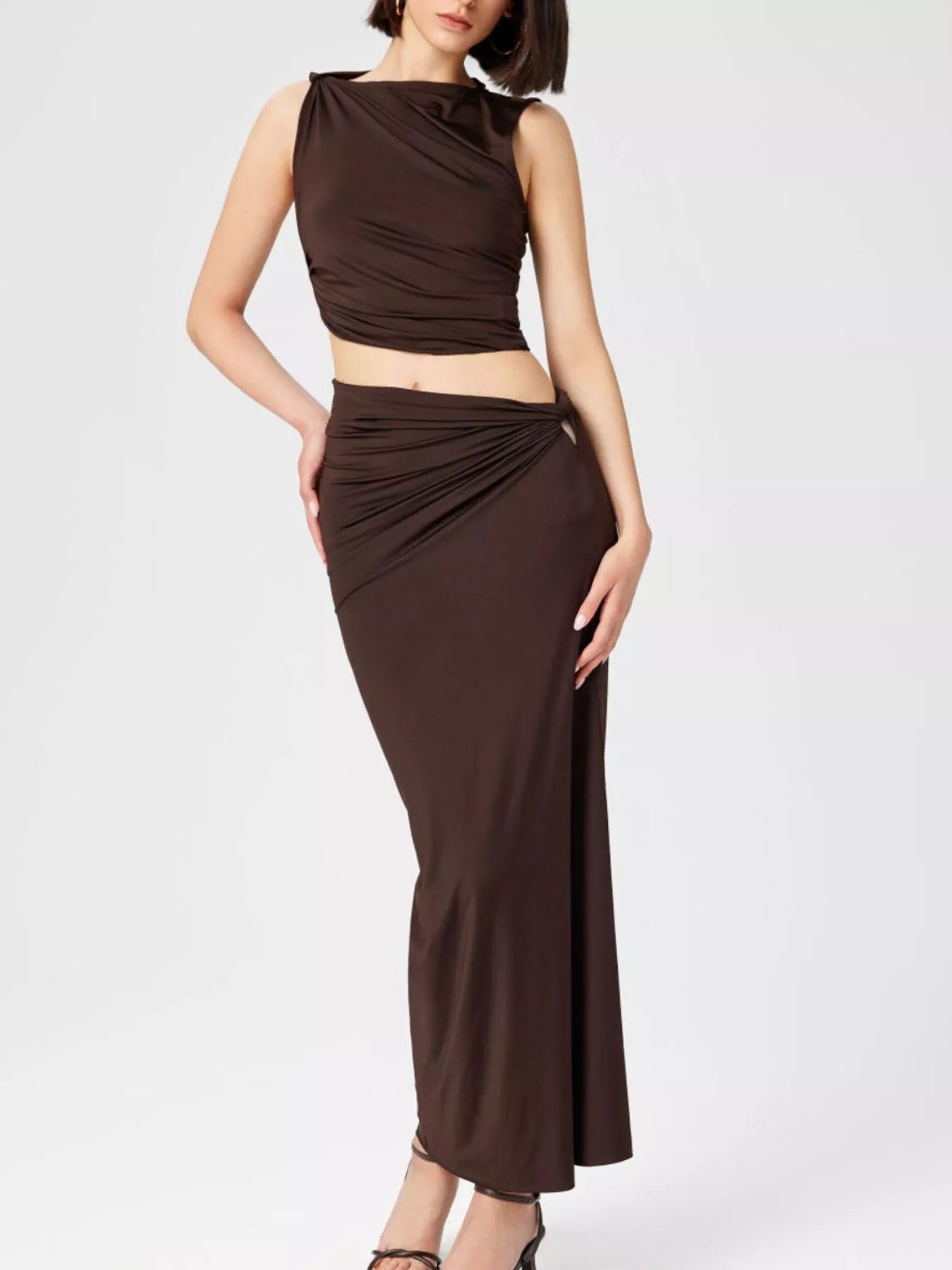 Asymmetrical Ruched Knit Top and Skirt Set