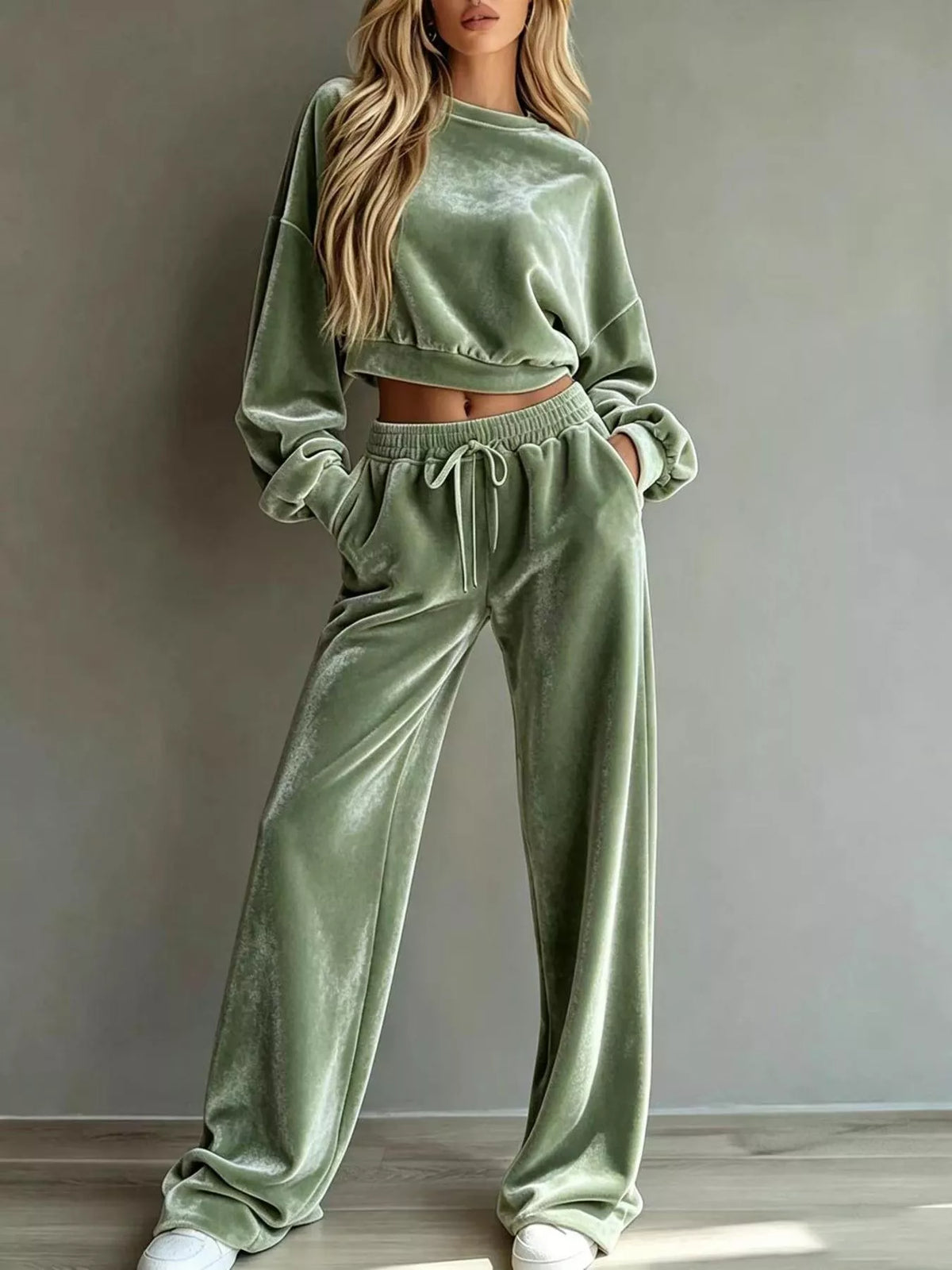 Full Size Cropped Sweatshirt and Wide-Leg Pants Set Plus Size