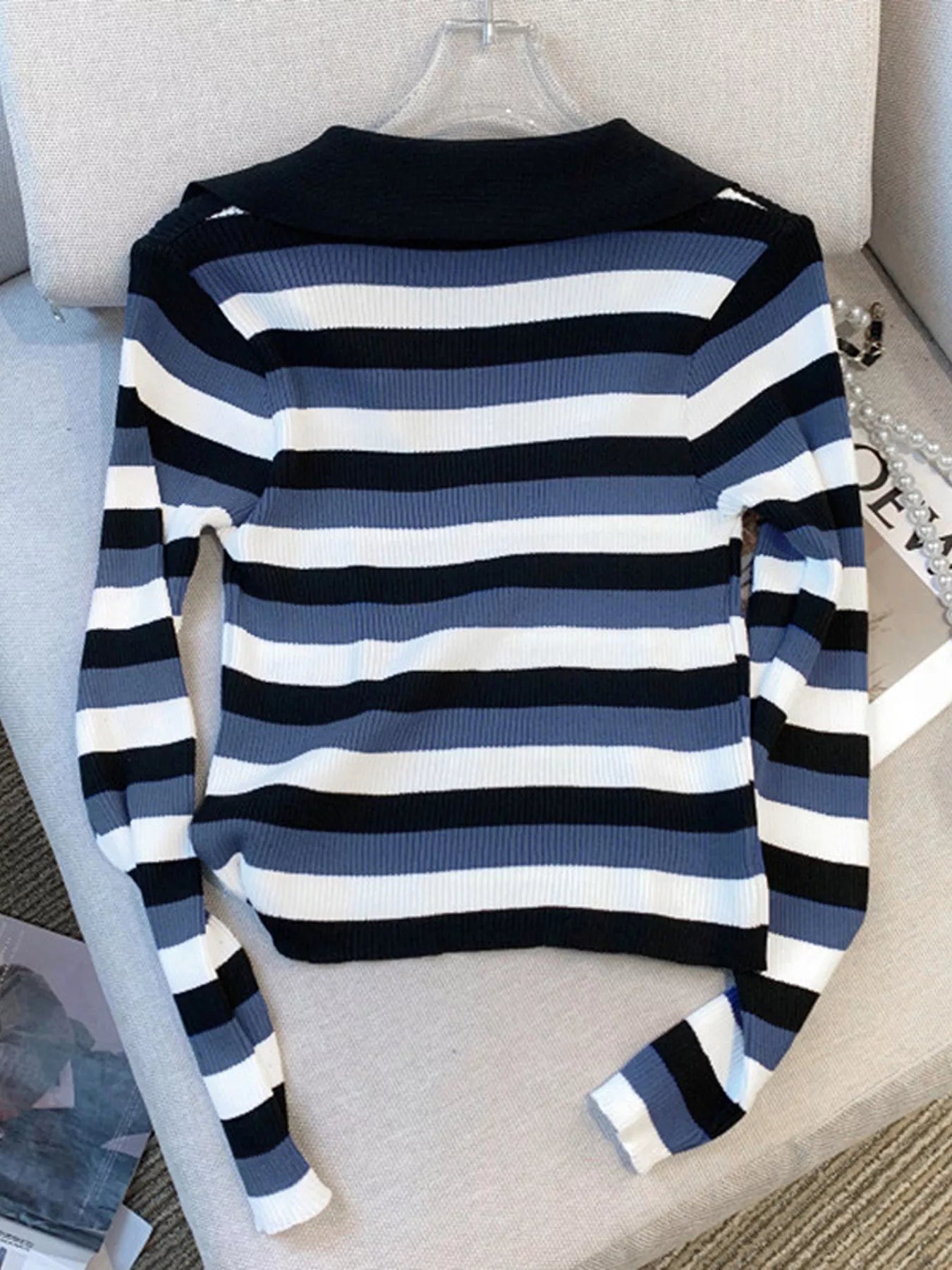 Striped Collared Cropped Knit Top