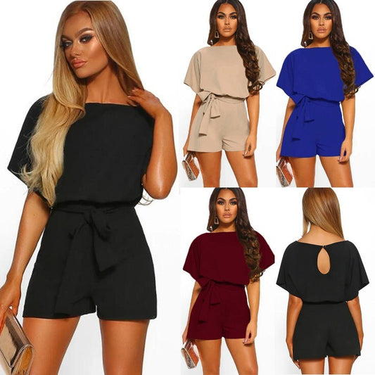 Belted Short Sleeve Silk A-Line Mini Jumpsuit – 4 Colors, S–5XL