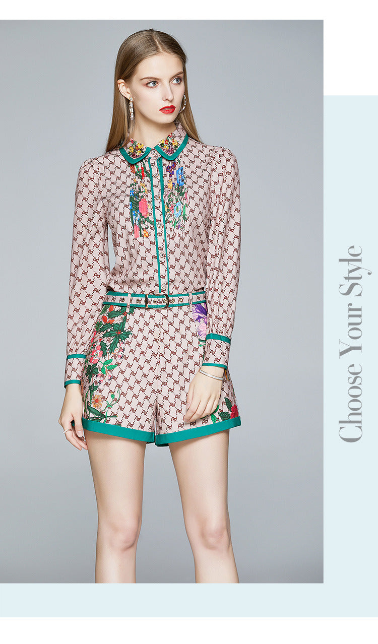 European Fashion Two Piece Set New Women's Wear Lapel Shirt High Waist Shorts Foreign Style Suit