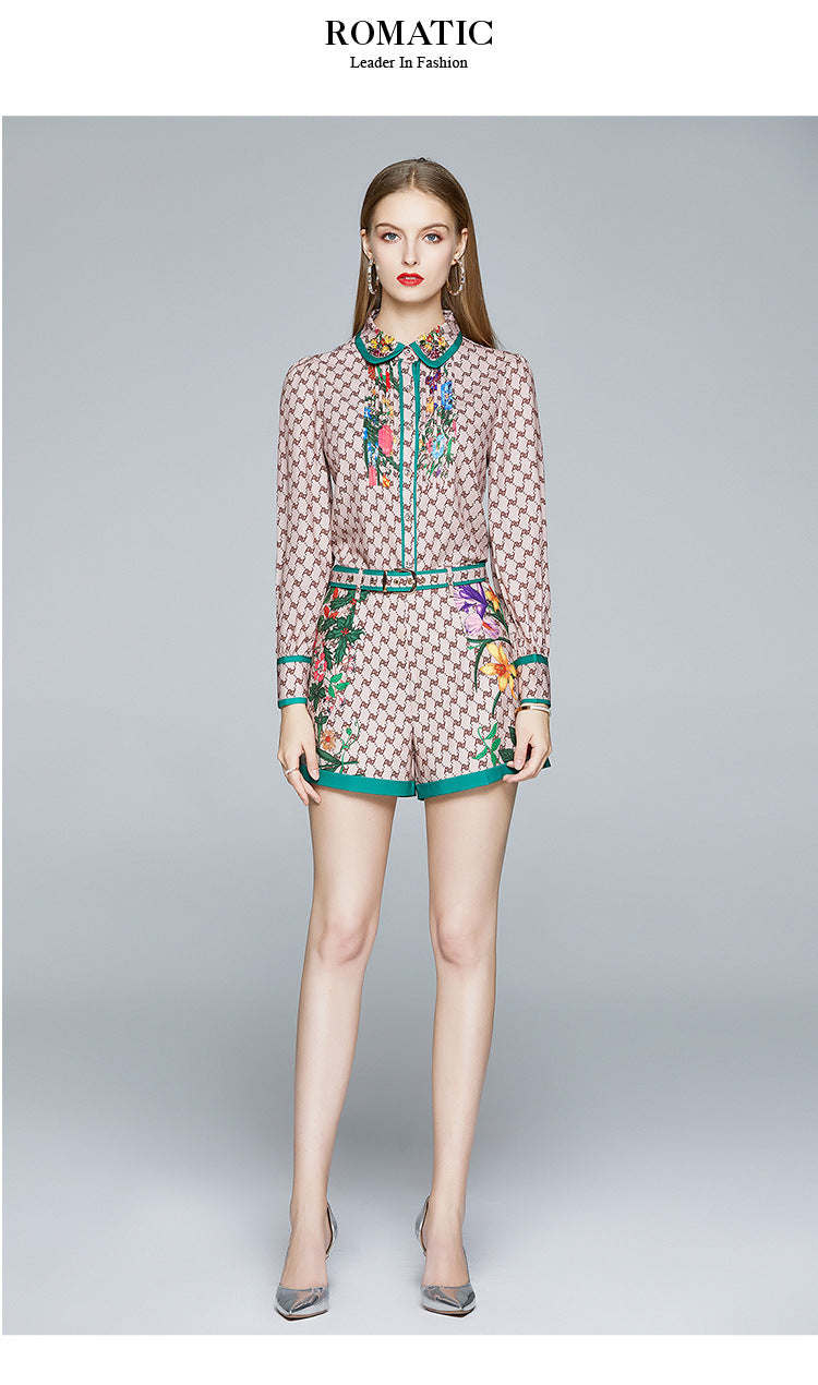 European Fashion Two Piece Set New Women's Wear Lapel Shirt High Waist Shorts Foreign Style Suit