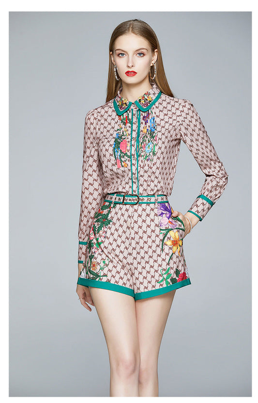 European Fashion Two Piece Set New Women's Wear Lapel Shirt High Waist Shorts Foreign Style Suit