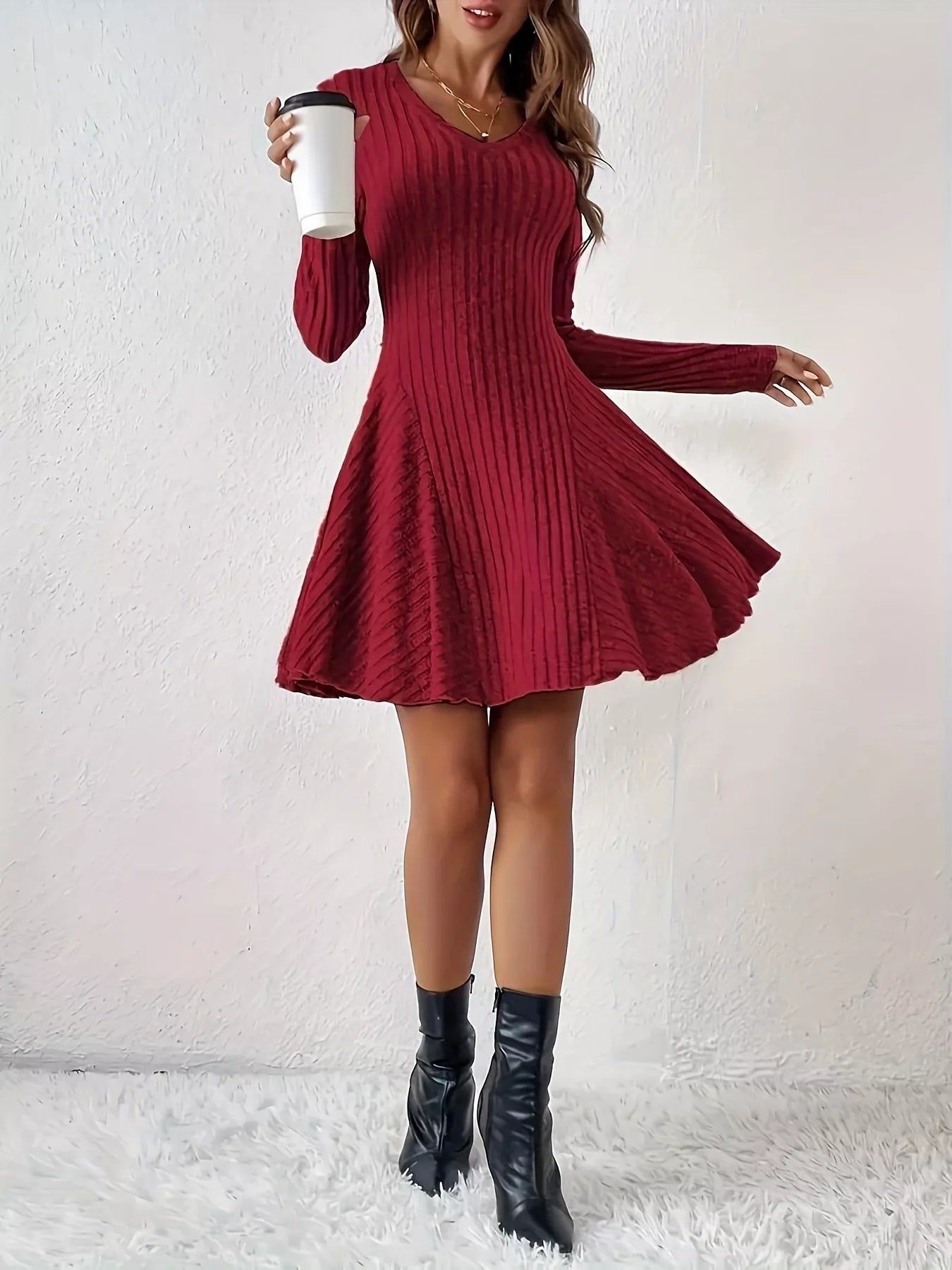 V-Neck Ribbed Knit Flared Knit Dress