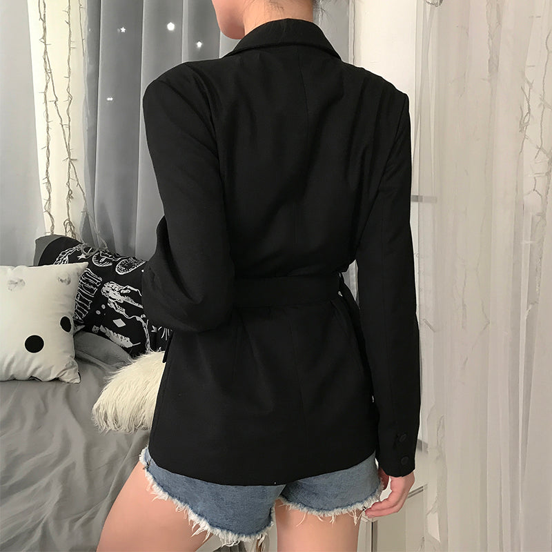Black Long Blazer With Sashes Autumn Coat (See size chart where applicable)