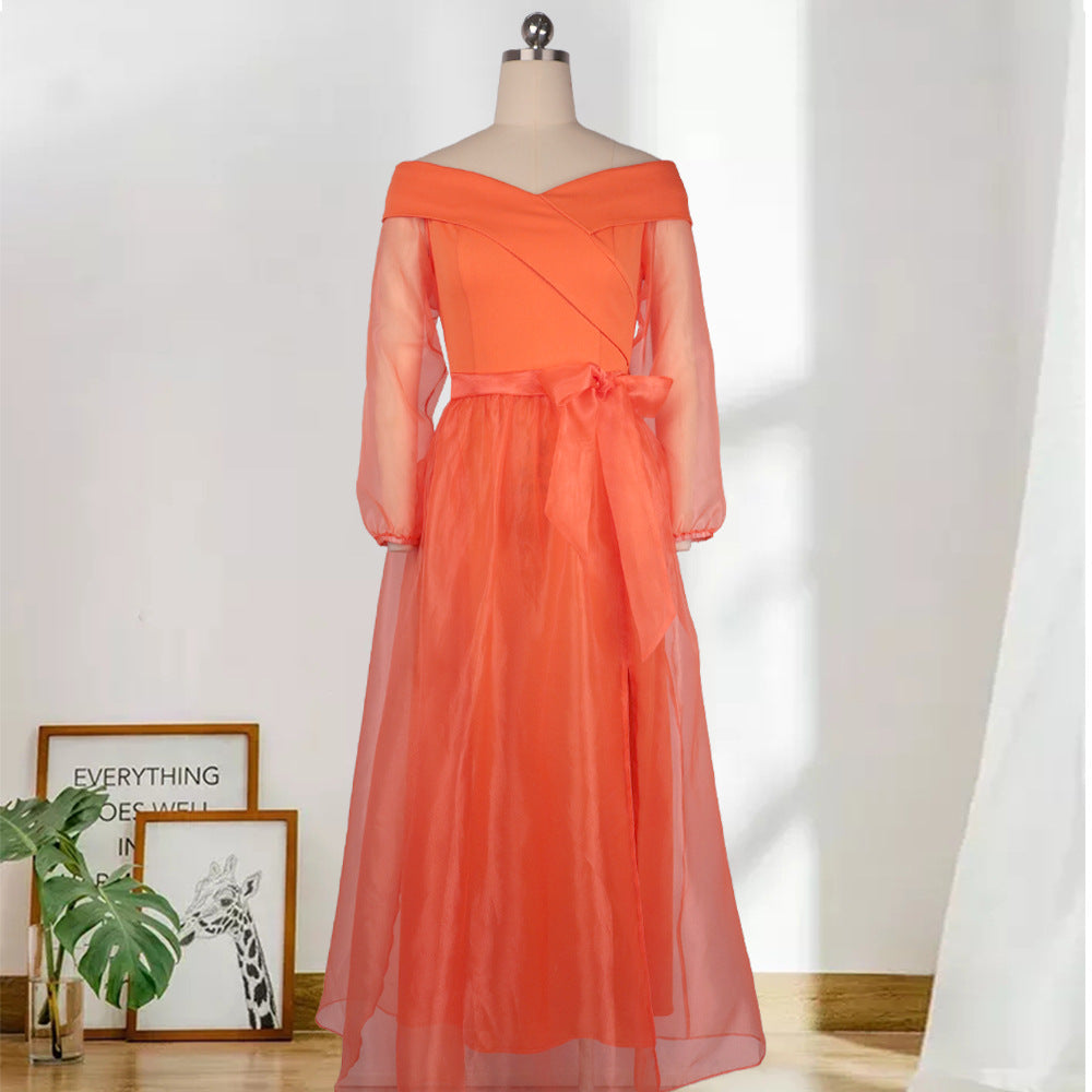 Sexy Off-The-Shoulder High-Waisted Large Size With Belt Casual Big Swing Dress Women'S Dress Dress