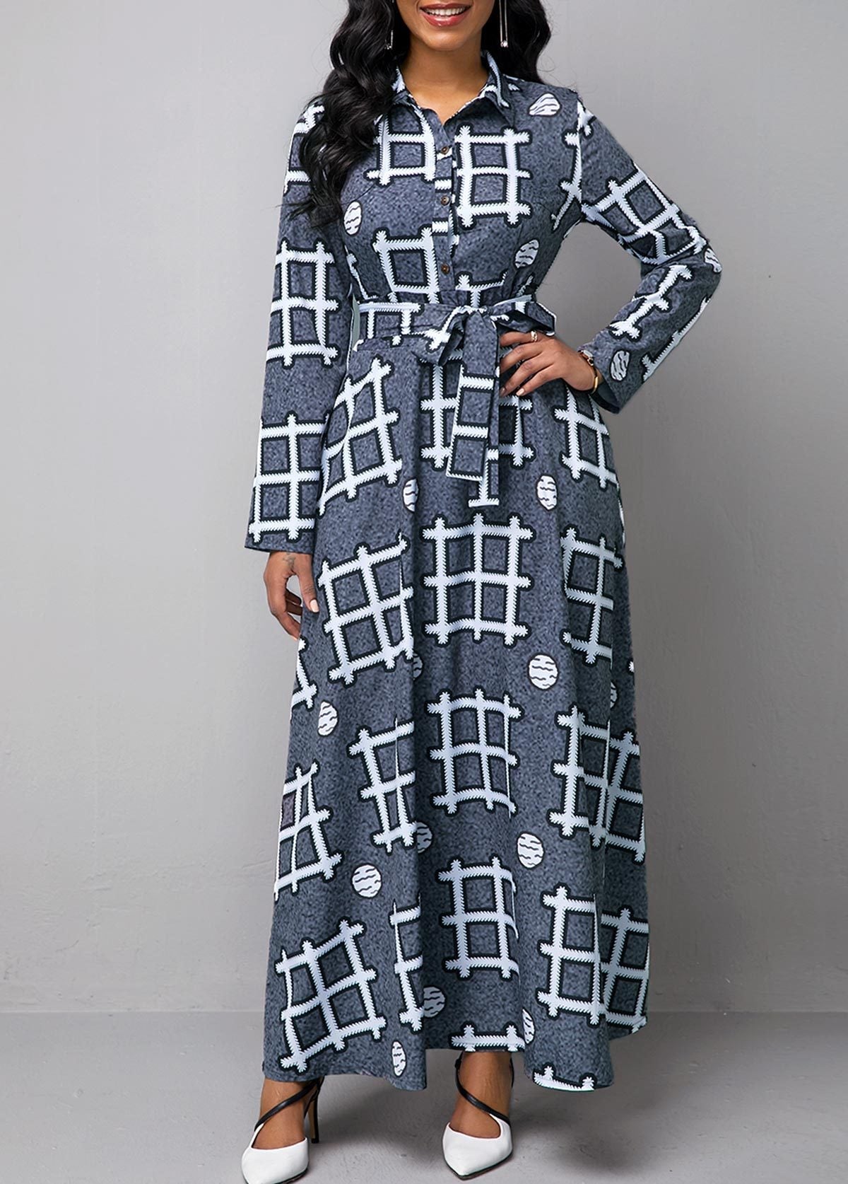 New Personality Printing Lapel Single-breasted Long-sleeved Plus Size Dress In Stock