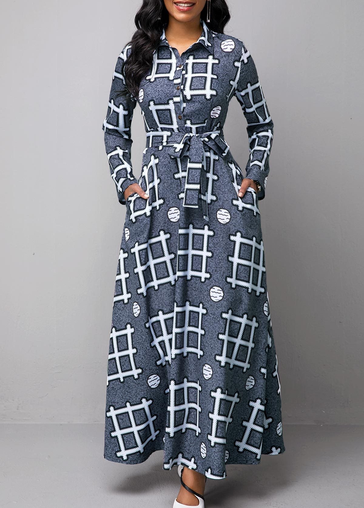 New Personality Printing Lapel Single-breasted Long-sleeved Plus Size Dress In Stock
