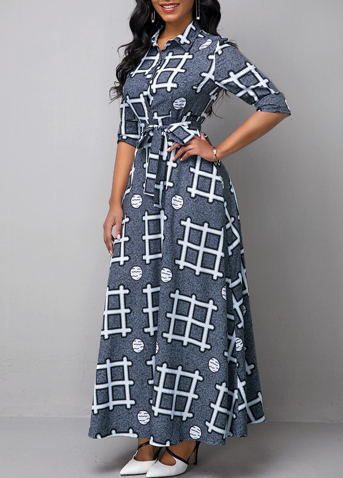 New Personality Printing Lapel Single-breasted Long-sleeved Plus Size Dress In Stock