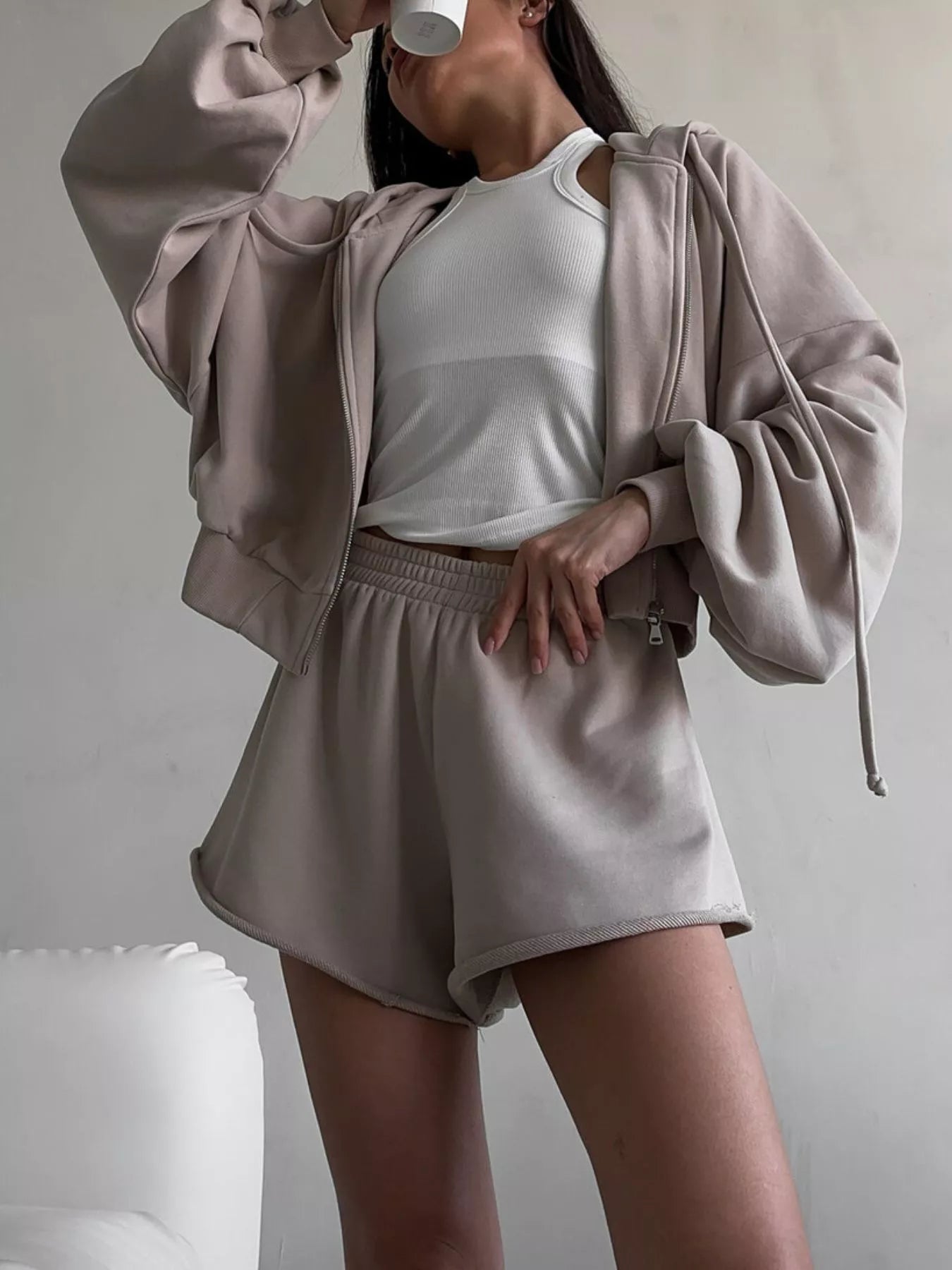 Zip Up Long Sleeve Outerwear and Shorts Set