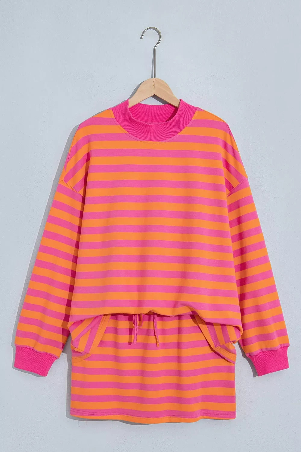 Stripe Color Block Patchwork Mock Neck Pullover Drawstring Mini Skort Set