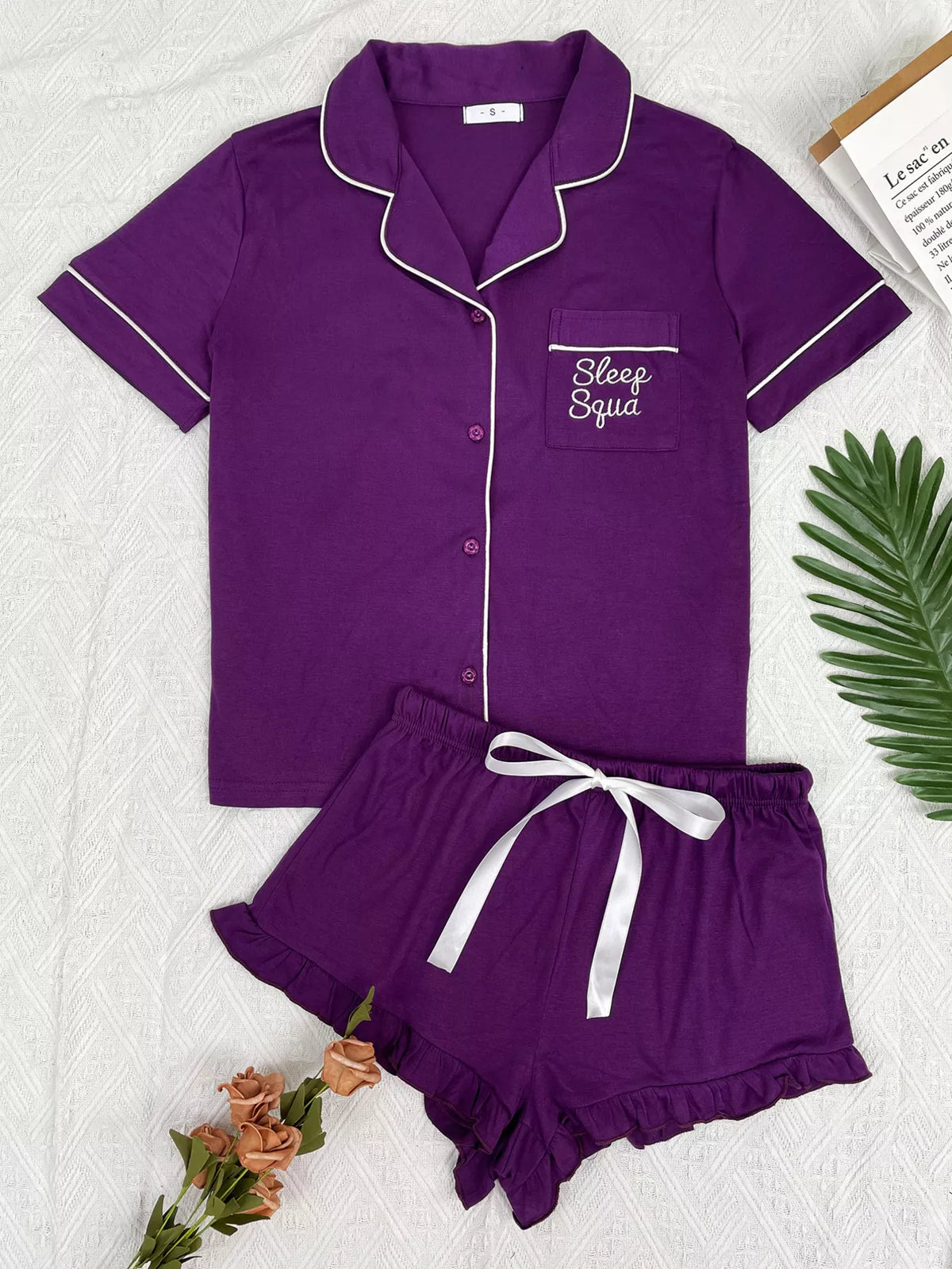 Contrast Piping Button-Down Shirt and Ruffle Shorts Lounge Set
