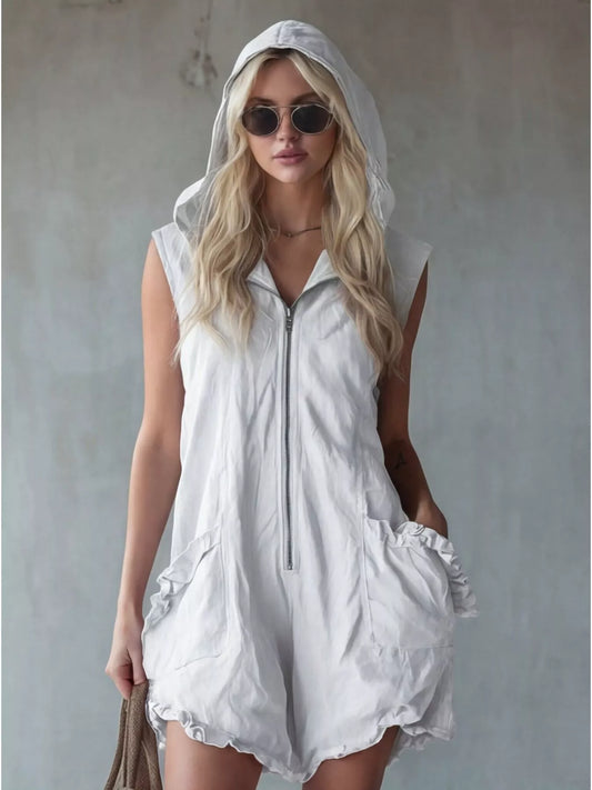 Full Size Hooded Sleeveless Zipper Romper with Ruffled Pockets Plus Size