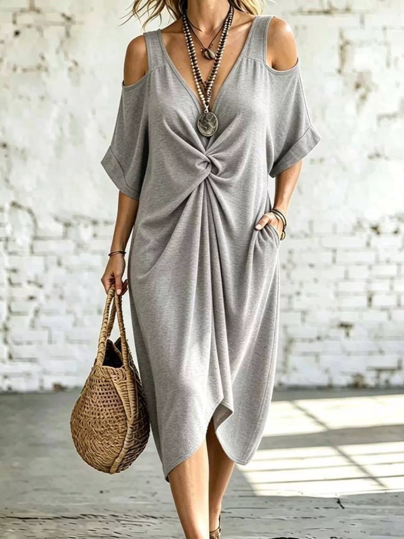 Full Size Cold Shoulder Twist Front Midi Dress Plus Size