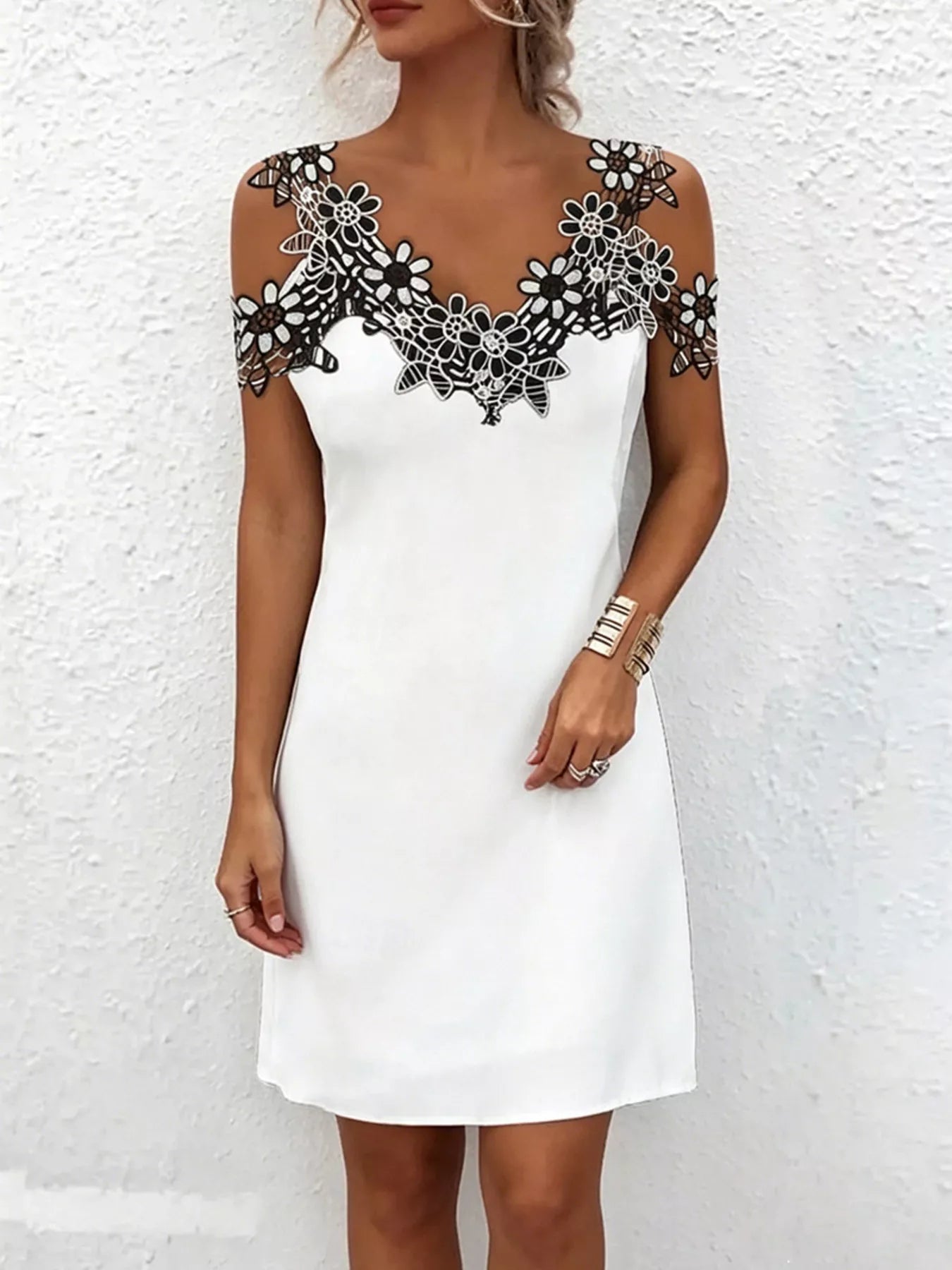 Lace Floral Trim Cold Shoulder Mini Dress