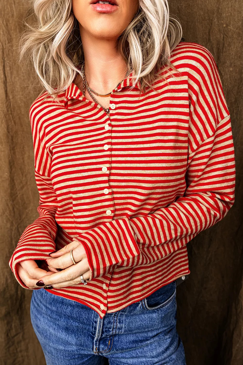 Stripe Striped Button Collar Long Sleeve Knit Cardigan