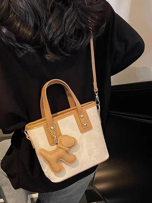 Embossed Pattern Crossbody Bag with Dog Charm