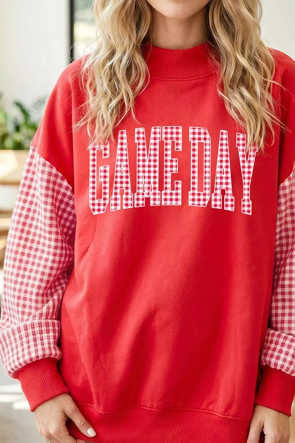 Game Day Plaid Sleeve Mock Neck Sweatshirt