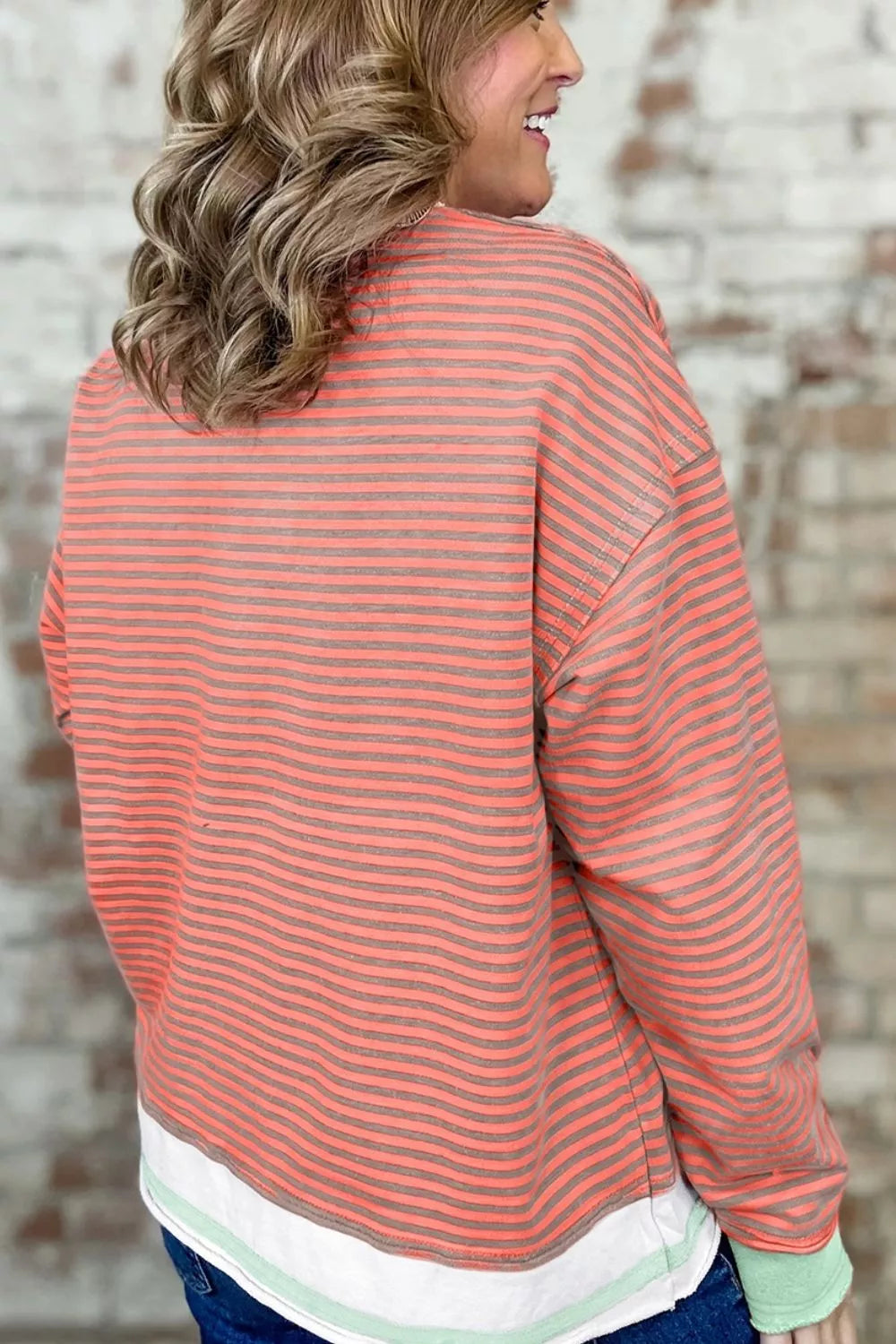 Stripe Colorblock Detail Raw Seam Long Sleeve Tunic Top