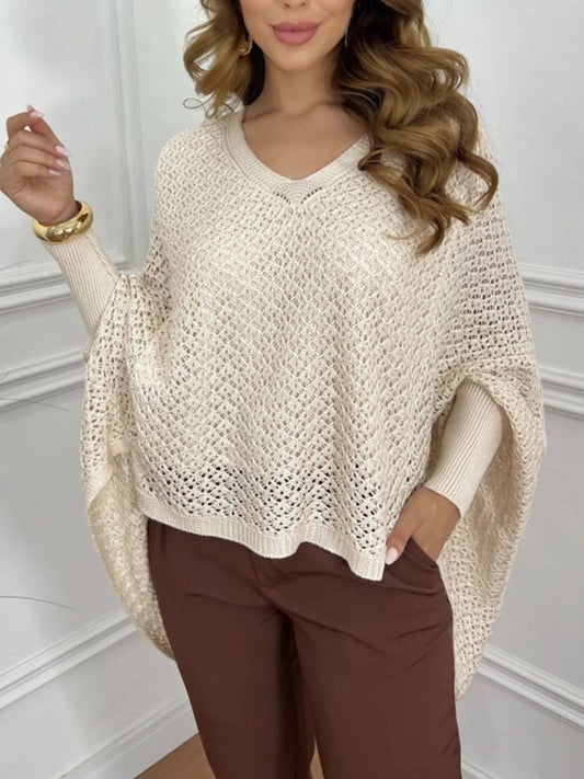 Crochet V-Neck Batwing Sleeves Oversized Sweater