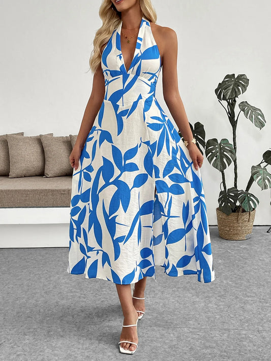 Leaf Print Halter Neck Midi Dress
