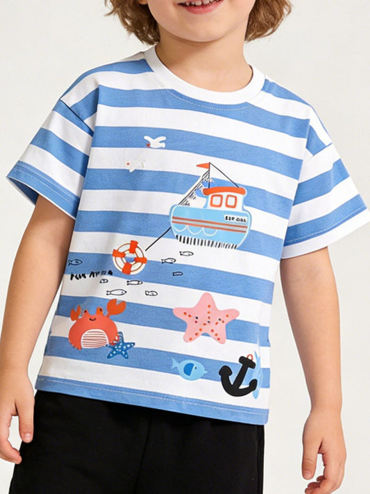 Children's Striped Printed Round Neck T-Shirt