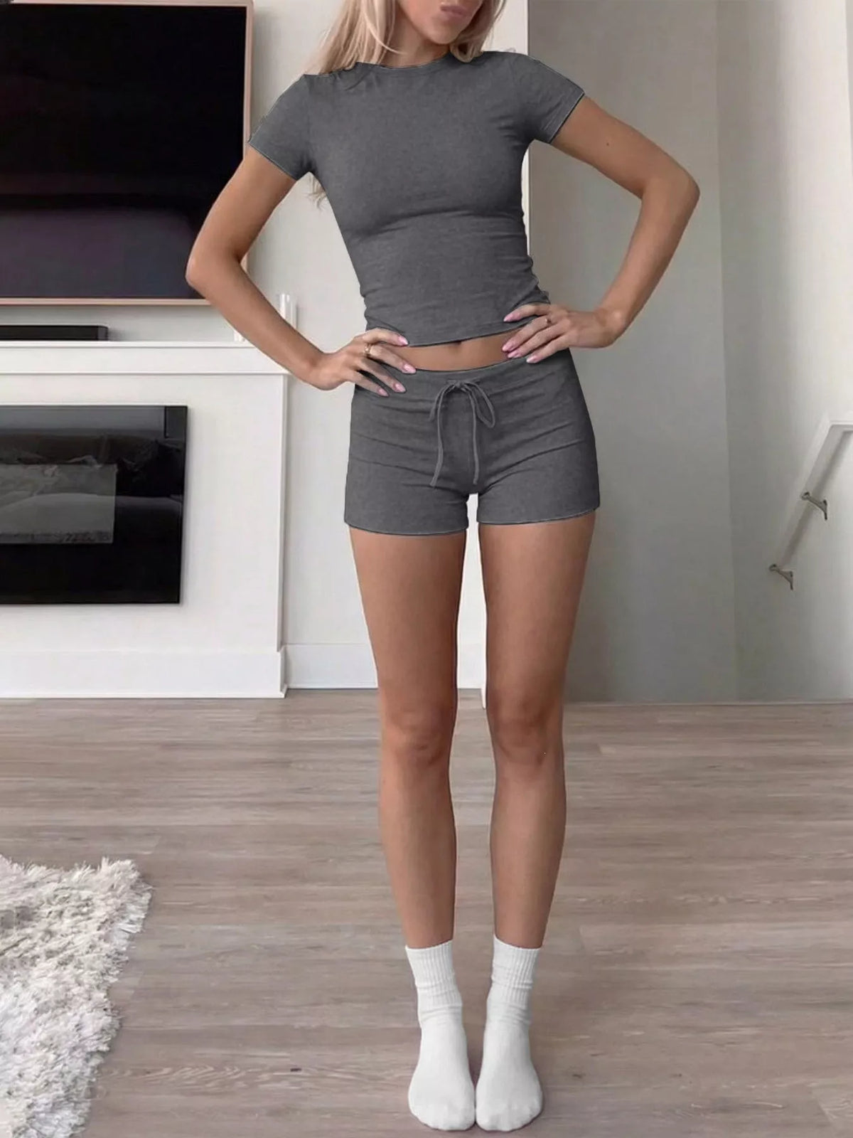 Mock Neck Crop Top and Drawstring Shorts Set