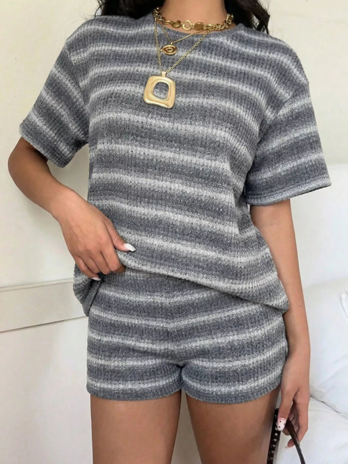 Striped Textured Knit Top and Shorts Set